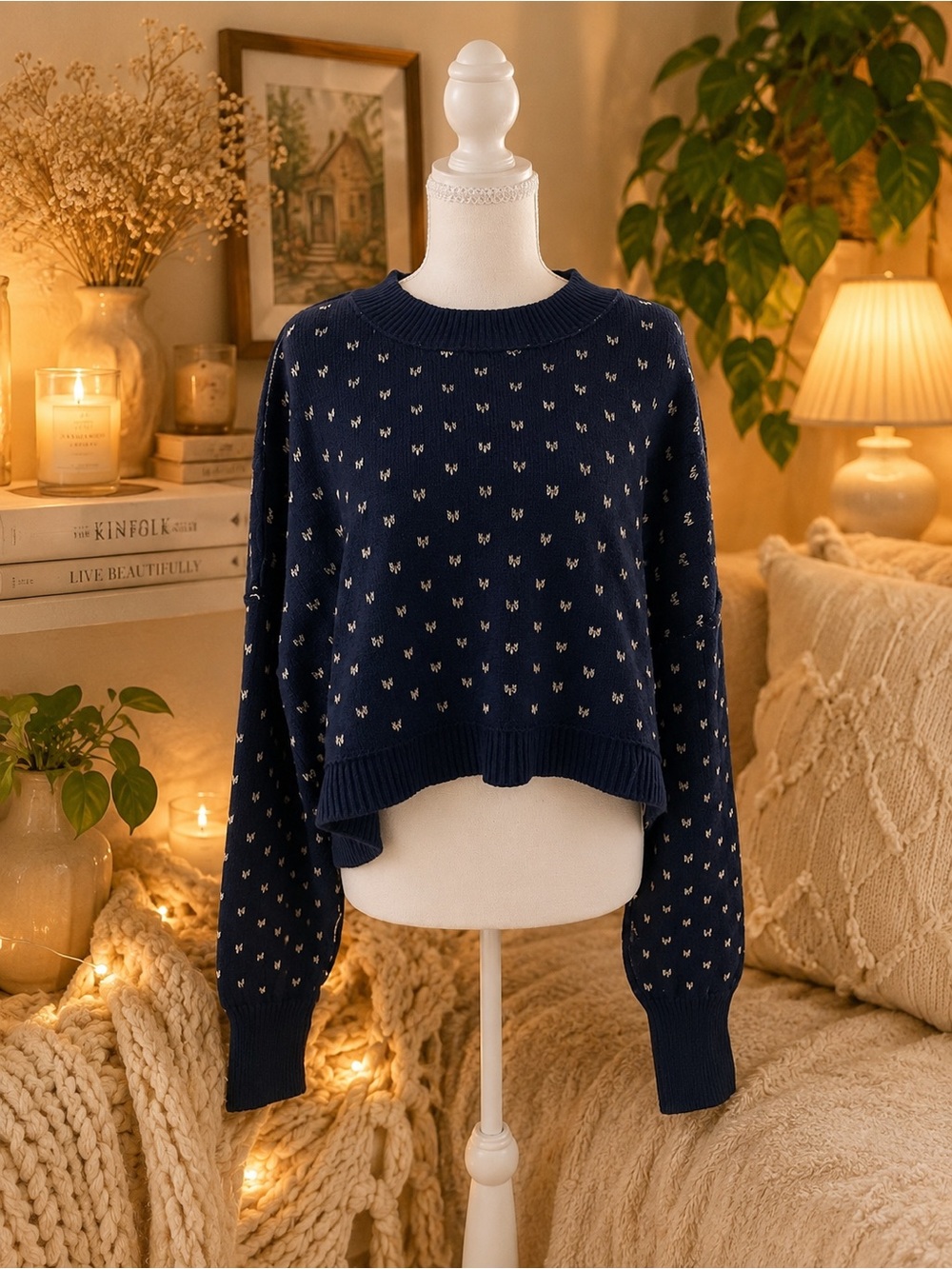 Free People Navy Butterfly Print Cropped Knit Sweater Size M Oversized Boho